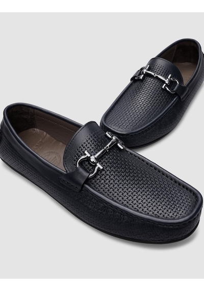 Cabani %100 Hakiki Deri Lacivert Örgü Desenli Erkek Loafer-lacivert Lacivert