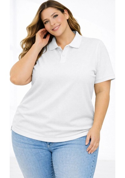 Wear Vexel Kadın Battal Beden Tişört Polo Yaka Pike Kumaş Kısa Kol T-shirt - Beyaz Beyaz