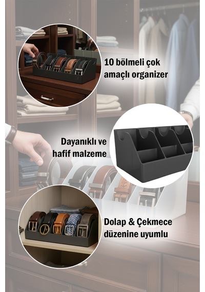 10 Bölmeli Kemer Organizer, Çorap, Kravat, Takı, Makyaj, Çekmece, Dolap İçi Depolama Gri