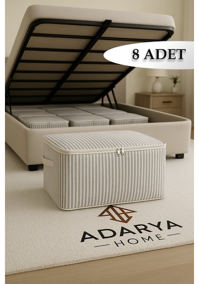 Adarya Home 8 Li Antrasit Çizgili Baza Altı Çekyat Hurç 60 40 22 Cm Çizgili