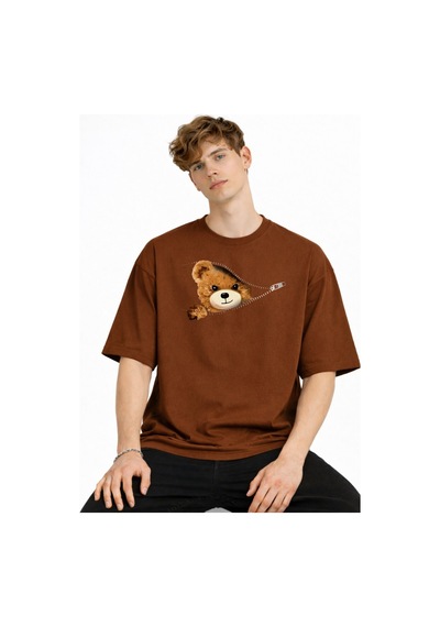 Misa Tahtakale Mn - Bear Baskılı Oversize Tişört Kahve Çok Renkli