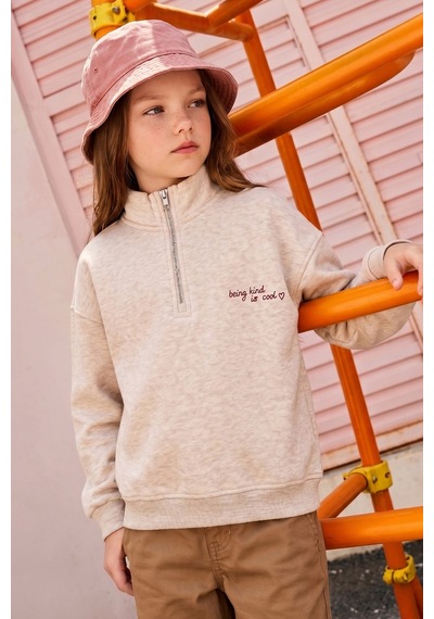 Fullamoda 3 İplik Yarım Fermuarlı Dik Yaka Kız Çocuk Sweatshirt Bej