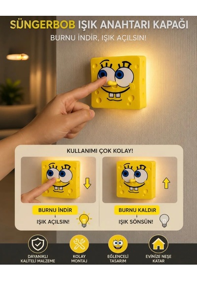 Sünger Bob Işık Anahtarı Kapağı Burnu Hareketli Işık Açma Kapama Aparatı Dekoratif Çocuk Odası Süngerbob 001