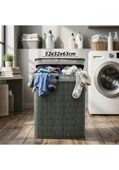 Bambu 2 Bölmeli Çamaşır Sepeti Dikdörtgen 52x32x63 Cm - Gri