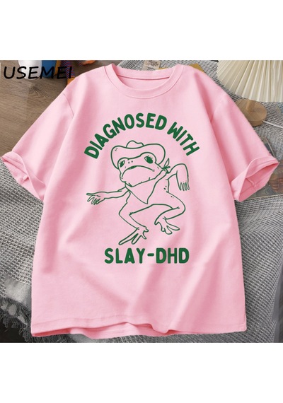 Flood Of Style Katlet-dhd İle Teşhis Kadın Erkek Pamuklu T-shirt Komik Seyahat Giyim Yaz Kurbağa Grafik Tshi Pembe