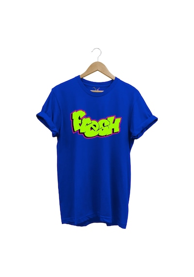 Fresh Graffiti Neon Yazı Baskılı %100 Pamuk Unisex Regular Fit T-shirt Mavi