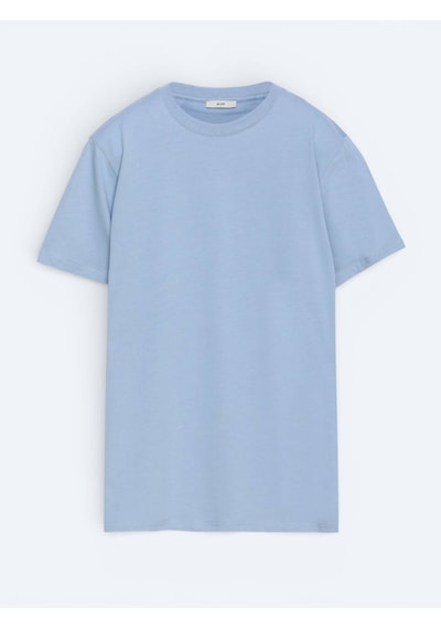Kip Açık Mavi Düz %100 Pamuk T-shirt