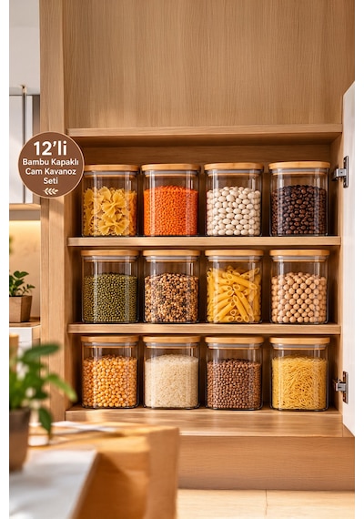 Porsima 5-4 Bambu Vakumlu Kapaklı Kare Borsilikat Cam 12li Kavanoz Seti Saklama Kabı 750ml 7,5x15cm