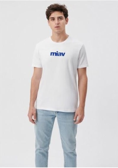 Mavi Miav Baskılı Tişört Beyaz