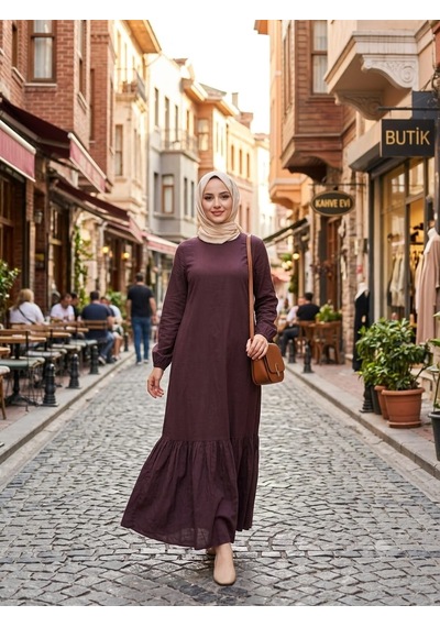 Kadın Düz Renk Dokuma Viskon Kumaş Uzun Tesettür Elbise Kahverengi