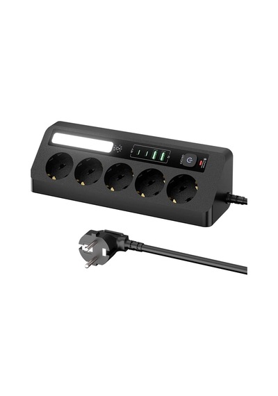 5 Li Akım Korumalı Priz 2500w 2 Usb + 2 Type-c Hızlı Şarj Led Gece Lambalı Dokunmatik Siyah Diğer
