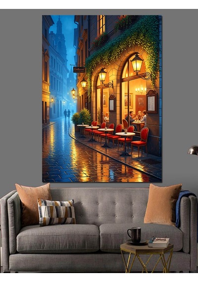 Ahşap Tablo Yağmurlu Sokak Kafe Işıkları