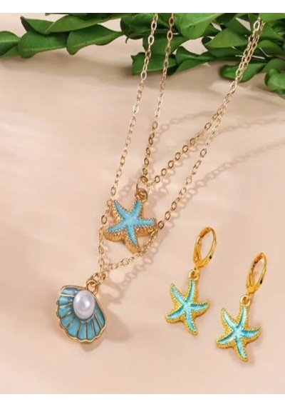 Yıldız Kabuğu Kolye Ve Küpe Set Mavi
