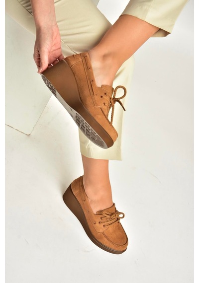 Fox Shoes Y602006402 Taba Süet Dolgu Tabanlı Kadın Ayakkabı Taba