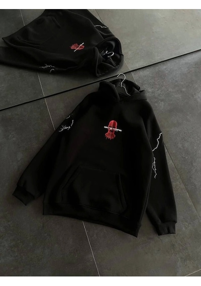 Modi Üç İplik Kapşonlu Baskılı Oversize Sweatshirt- Siyah 1siyah