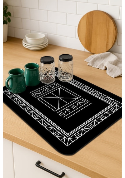 Siyah Etnik Microfiber Bulaşık Kurutma Kurulama Matı Mm014