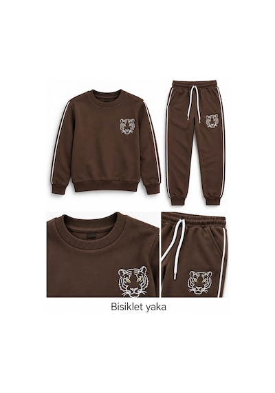 Rony Pony Kids Kahverengi 3 İplik Erkek Çocuk Eşofman Takımı Kaplan Nakışlı Biyeli Sweatshirt Ve Jogger Alt Rony Pony Kids Kahverengi 3 İplik Erkek Çocuk Eşofman Takımı Kaplan Nakışlı Biyeli Sweatshirt Ve Jogger Alt
