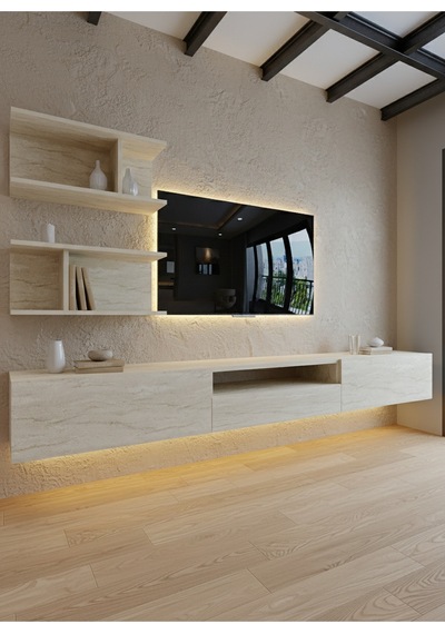 Resital Ledli Duvara Monte Tv Sehpası - Traverten - W6015-8 Traverten