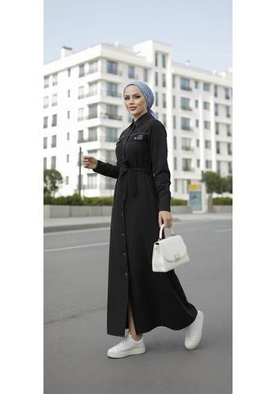 Hb Harma Time Butik Kadın Boncuk İşlemeli Düğmeli Kuşaklı Siyah Kot Elbise