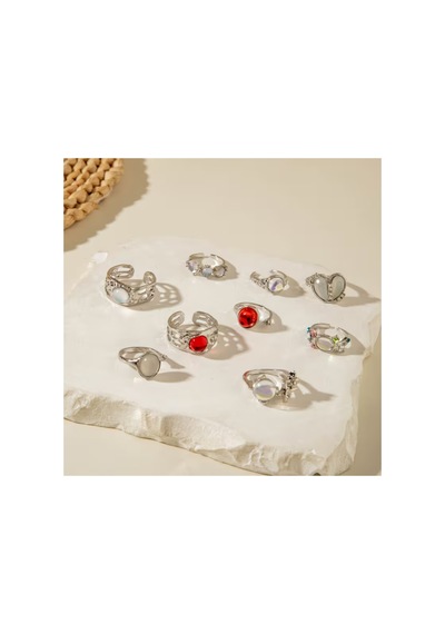 Alise - Gümüş 9 Adet Kristal Taşlı Kırmızı Şık Tasarım Vintage Çoklu Ayarlanabilir Silver Yüzük Seti