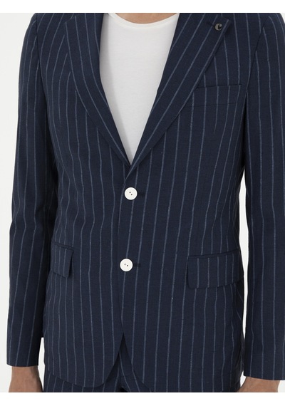 Cacharel Koyu Lacivert Slim Fit Yün Keten Karışımlı Takım Elbise