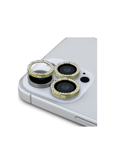 Apple Uyumlu   iPhone 17 Pro Max Guess Lisanslı Rhinestone Taşlı Lens Koruyucu Gold