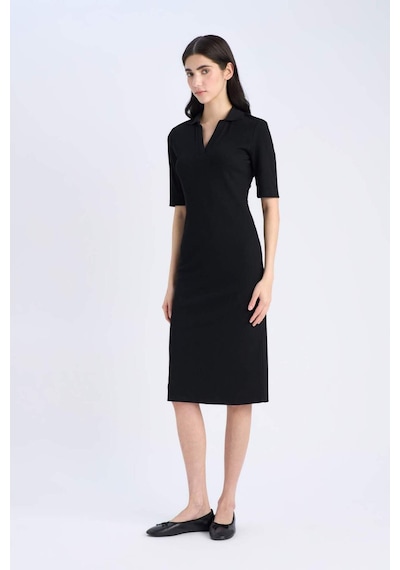 DeFacto Bodycon Vücudu Saran Polo Yaka Fitilli Kaşkorse Kısa Kollu Midi Elbise E6806AX25SPBK27