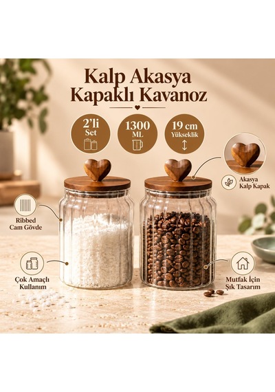 Tr Kalp Akasya Kapaklı Cam Kavanoz Seti 2'li 1300 Ml Kuru Gıda Kabı Genel
