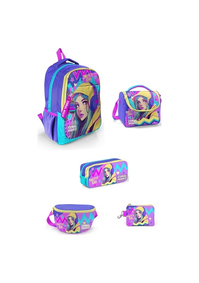 Coral High Kids Lavanta Turkuaz Kulaklı Kız Desenli 5'li Okul Çanta Seti 5set23661