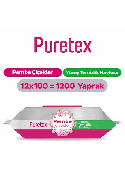 Puretex Yüzey Temizlik Havlusu Pembe Çiçekler 12x100 1200 Yaprak Beyaz