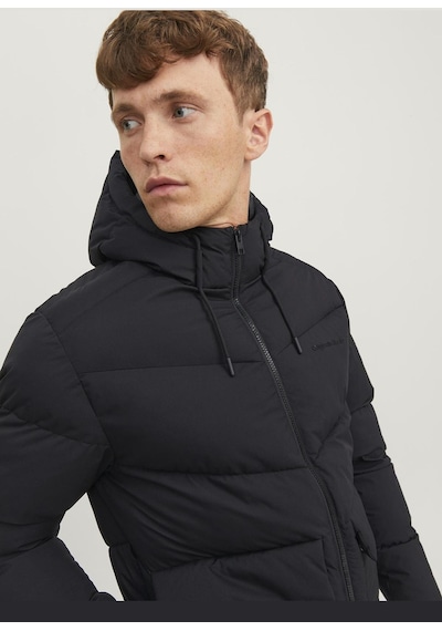 Jack & Jones Logo Baskılı Kapüşonlu Puffer Mont - Vesterbro 12238849 Siyah Koyu Siyah
