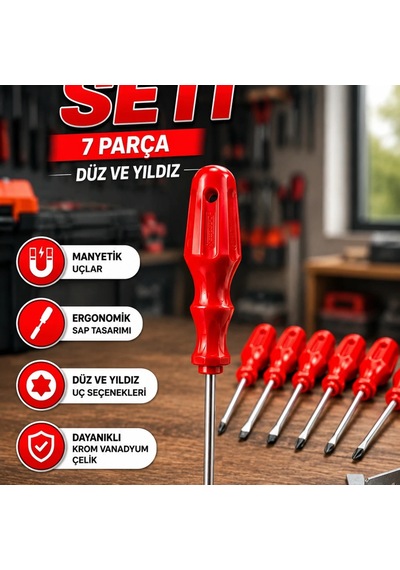 7 Parça Düz Ve Yıldız Tornavida Seti Ergonomik Saplı El Aleti