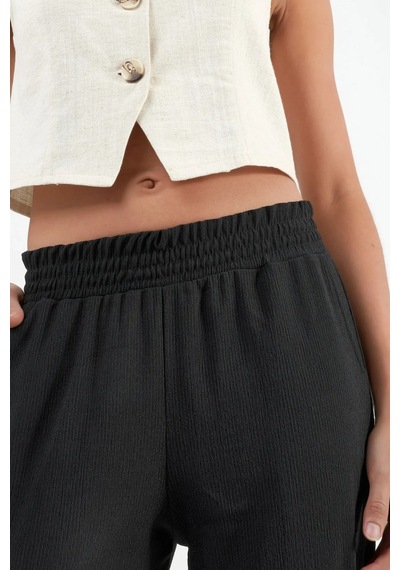 Hiccup Düz Paça Dokulu Pantolon Ellie Collection Siyah