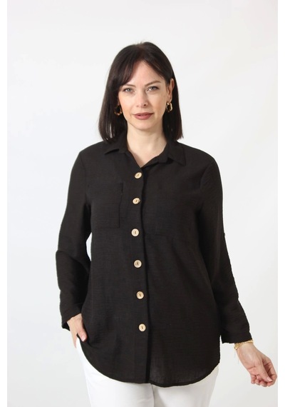 Moda Berray Sb-077 Siyah Pamuk Keten Kolu Apoletli İki Cepli Kadın Büyük Beden Gömlek Siyah Moda Berray Sb-077 Siyah Pamuk Keten Kolu Apoletli İki Cepli Kadın Büyük Beden Gömlek Siyah