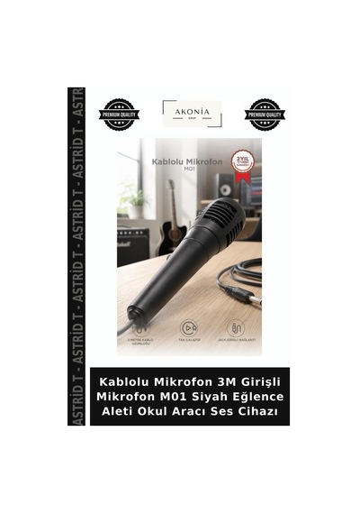 Kablolu Mikrofon 3m Girişli Mikrofon M01 Siyah Eğlence Aleti Okul Aracı Ses Cihazı