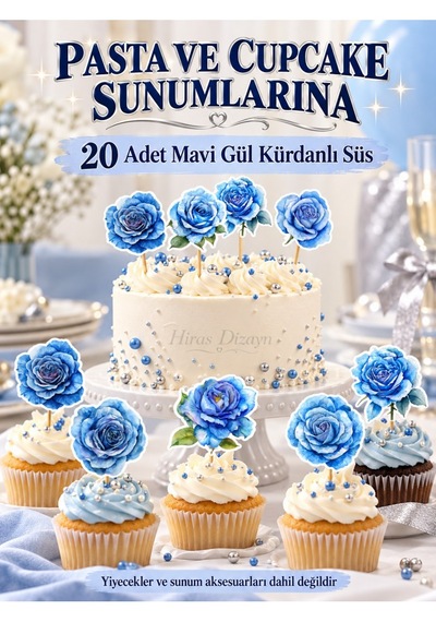 Hiras Dizayn Mavi Gül Kürdanlı Süs Seti 20 Adet Cupcake Pasta Sunum