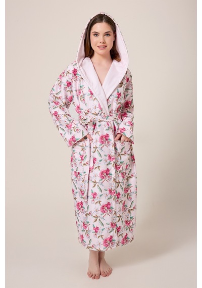 Peonia Fiore Desenli Dijital Baskılı Kapüşonlu Bornoz Pembe