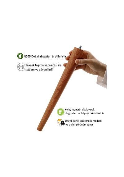 4 Adet Ahşap Ayak 50 Cm Açık Meşe M8 Civatalı Bağlantı Aparatlı Mobilya Tabure Sehpa Masa Destek Ayağı Açık Meşe