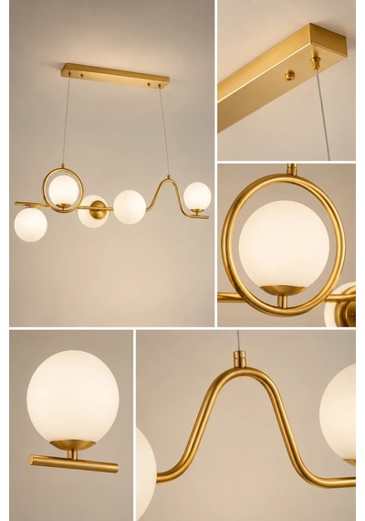 Modern Premium Gold 5'li Opal Küre Sarkıt Avize Dekoratif Lüks Salon Oturma Odası Avizesi 5xe14 Beyaz