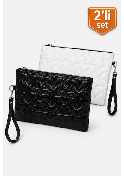 Adelina Bags 2'li Çanta Paketi Yıldız Desenli Portföy El Çantası Bilek Askılı Clutch Çanta Siyah -Beyaz