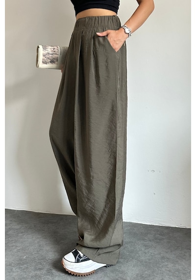 Feela Moda 2009 Beli Lastikli Paraşüt Kumaş Yüksek Bel Palazzo Kadın Pantolon Haki