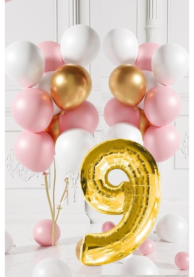 9 Yaş Retro Gold Pembe Beyaz Balon Seti Gold Rakamlı Doğum Günü Balonu Şık Parti Süsleme Çok Renkli