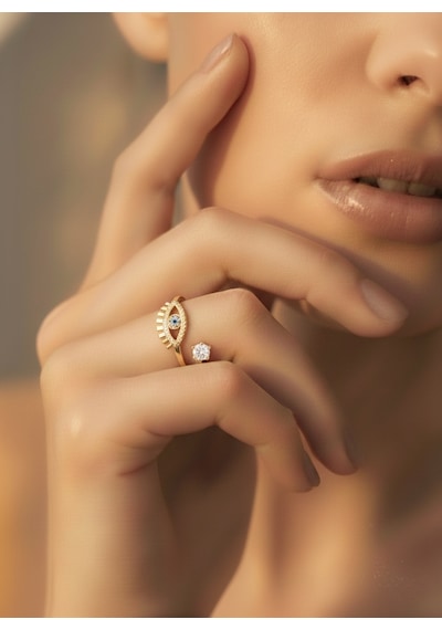 Ayarlanabilir Nazar Model Zirkon Taşlı Gold Renk Çelik Yüzük Altın