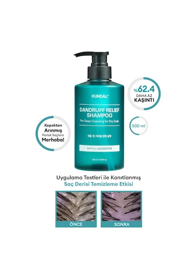 Kepek Karşıtı Bakım Şampuanı %68.5 Daha Az Kepek Kundal Dandruff Shampoo 500ml Apple Green Tea