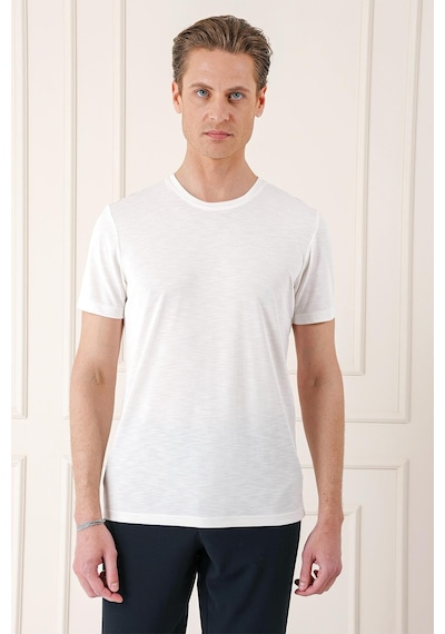 Efor Slim Fit Bisiklet Yaka Doku Desenli Pamuklu Ekru Tişört Ts 881 Ekru
