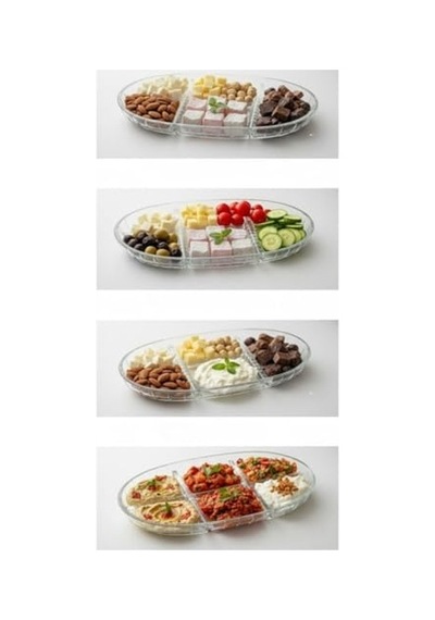 Şık Tasarımlı 3 Bölmeli Cam Kahvaltılık 27x15 Cm Dayanıklı Servis Tabağı, Çok Bölmeli Sunum Kabı, Çiz Diğer