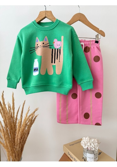 Magu Çocuk Pamuklu Kedi Baskılı Yeşil Sweatshirt Ve Puantiyeli Pembe Eşofman Takımı Çok Renkli