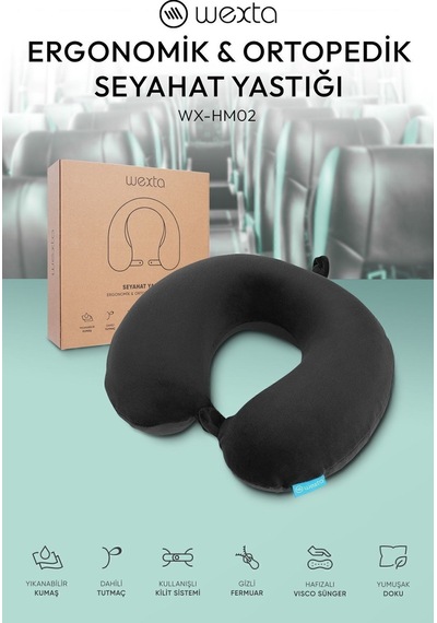 Wexta Seyahat Boyun Yastığı Comfort Ortopedik Seyahat Yastığı Visco Siyah