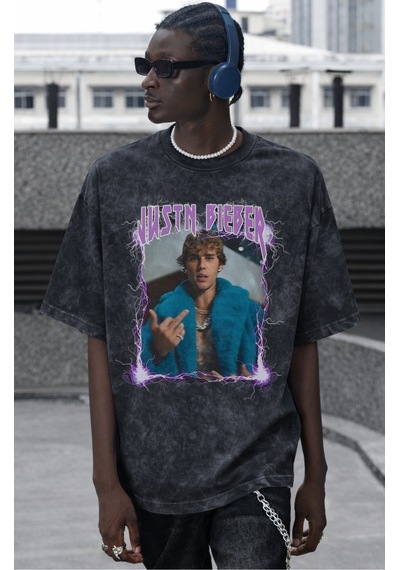 Sevbano Tasarım Justin Bieber Şarkıcı Baskılı Unisex Oversize Vintage Yık Siyah