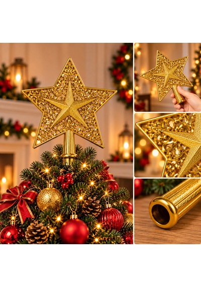 Gold Motifli Yıldız Çam Ağacı Tepeliği - Dekoratif Altın Renk Oymalı Yılbaşı Ağaç Tepe Süsü - 9080089507387 Diğer